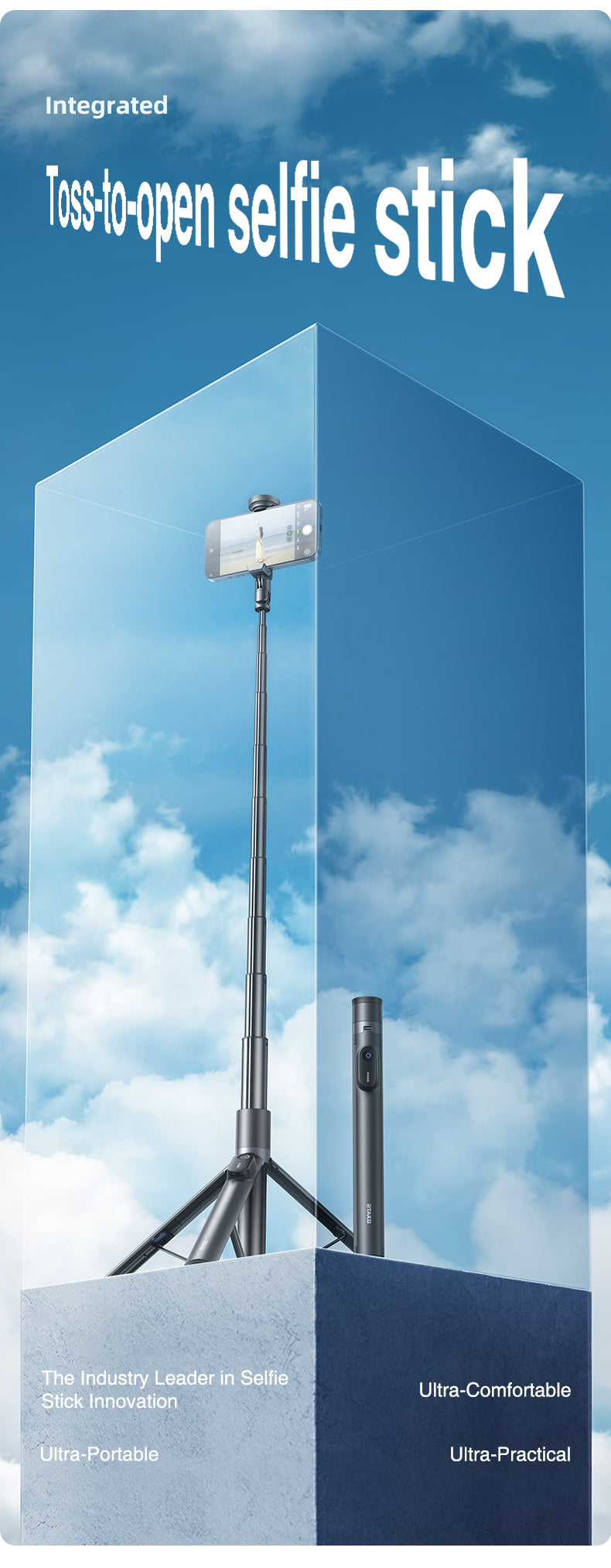 RTAKO RZP001 - AB226 170CM Selfie Stick Stativ, Ausziehbar All-in-1 Stativ Handy Einbeinstativ aus Aluminium mit Kabelloser Fernbedienung&10 Teleskopstange, Drehbar Handyhalter, Stative für iPhone/Android-Schwarz