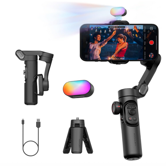 AOCHUAN 3-Achsen-Gimbal-Stabilisator für Smartphone, Gimbal mit magnetischem RGB-Fülllicht, verbesserte Gesichtsverfolgung, Fokusrad, Faltbarer iPhone-Gimbal für iPhone/Android-Aufnahmen-Smart XE Kit