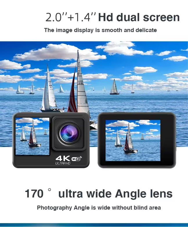 4K Sport-Action-Kamera, 30 fps, WLAN, Schwarz, 2,0 Zoll HD, ultraklarer Bildschirm, 30 m wasserdicht, 2000 W Video, Weitwinkelobjektiv, V8-Bewegungskamera