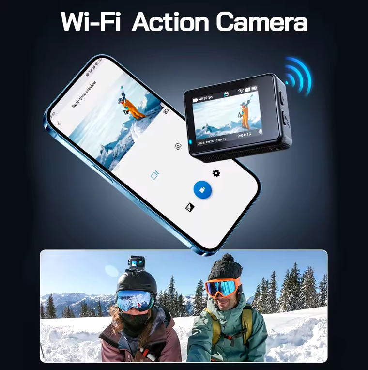 4K Sport-Action-Kamera, 30 fps, WLAN, Schwarz, 2,0 Zoll HD, ultraklarer Bildschirm, 30 m wasserdicht, 2000 W Video, Weitwinkelobjektiv, V8-Bewegungskamera