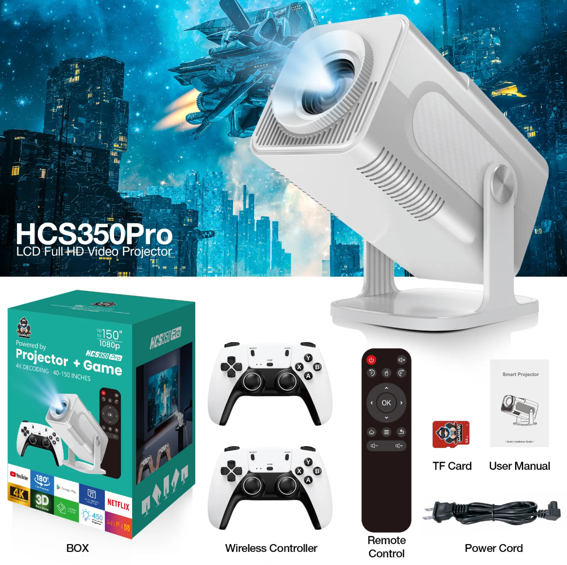 2025 HCS350 PRO Hot Mini Smart Game F600 Projector Beamer 32GB Games Download Wifi Wireless Home Theater HY320 4K Portable Projector, Heimkino