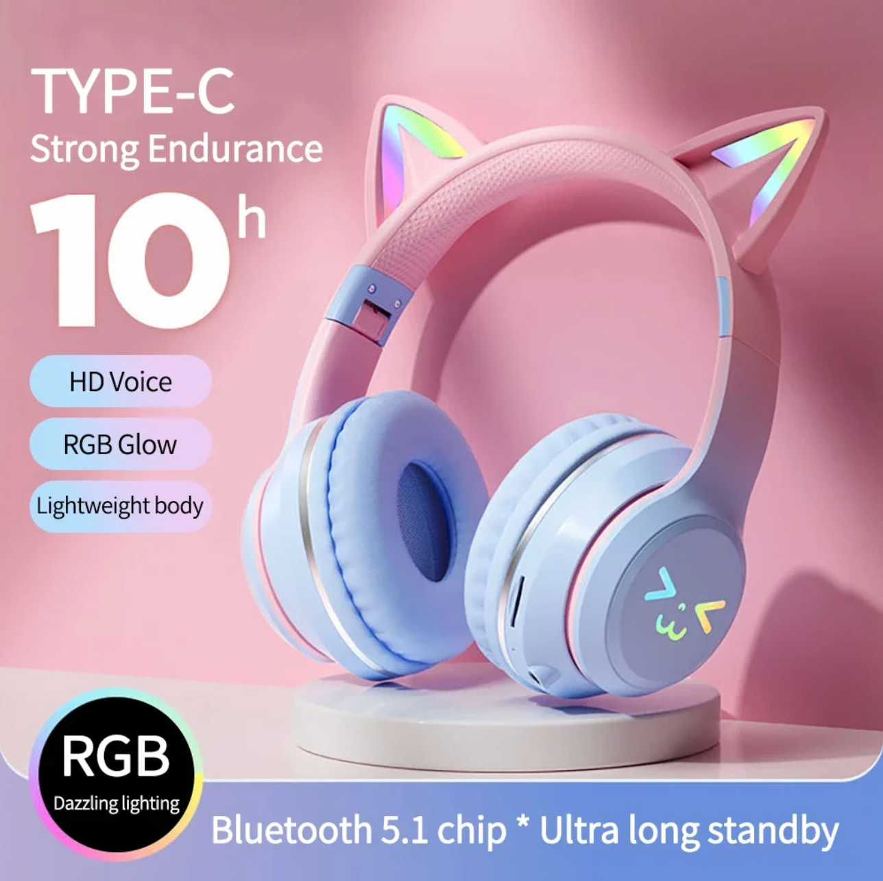 Bluetooth Kopfhörer mit Katzenohren, RGB Beleuchtung, Wireless, Stereo, mit Mikrofon – für Kinder & Mädchen