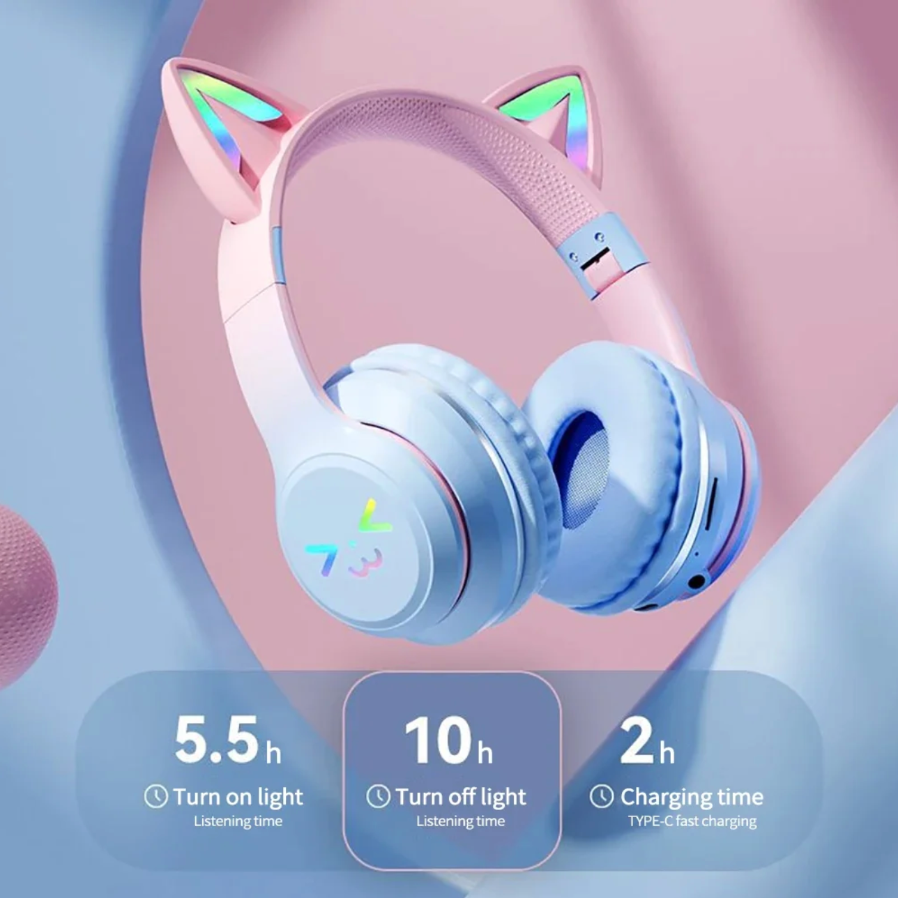 Bluetooth Kopfhörer mit Katzenohren, RGB Beleuchtung, Wireless, Stereo, mit Mikrofon – für Kinder & Mädchen
