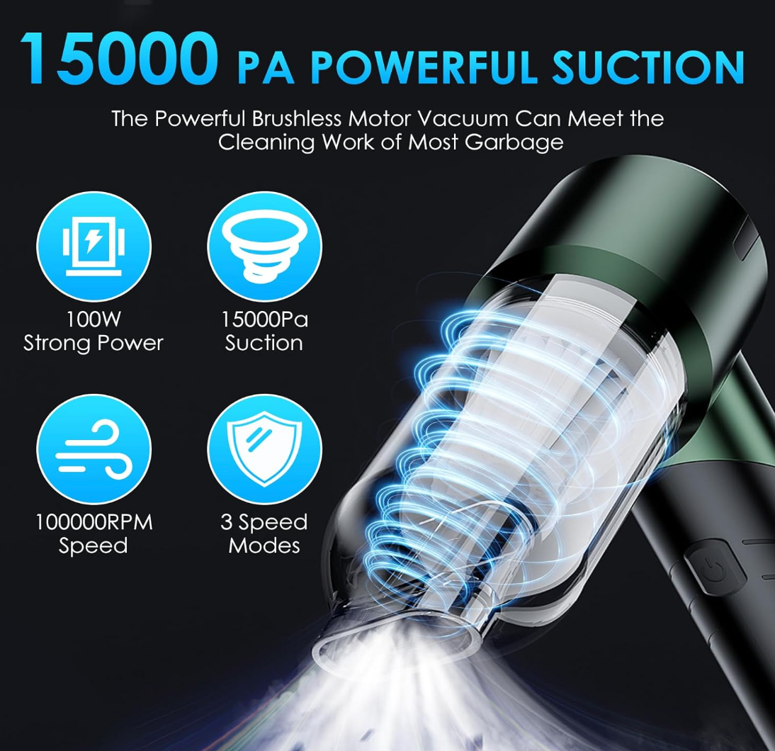 Handstaubsauger, 15000Pa Faltbar Handstaubsauger Akku, Autostaubsauger Kabellos, Multifunktionale Mini Staubsauger, Wiederaufladbarer, mit Zubehör, Waschbar HEPA-Filter, für Auto/Büro/Haus