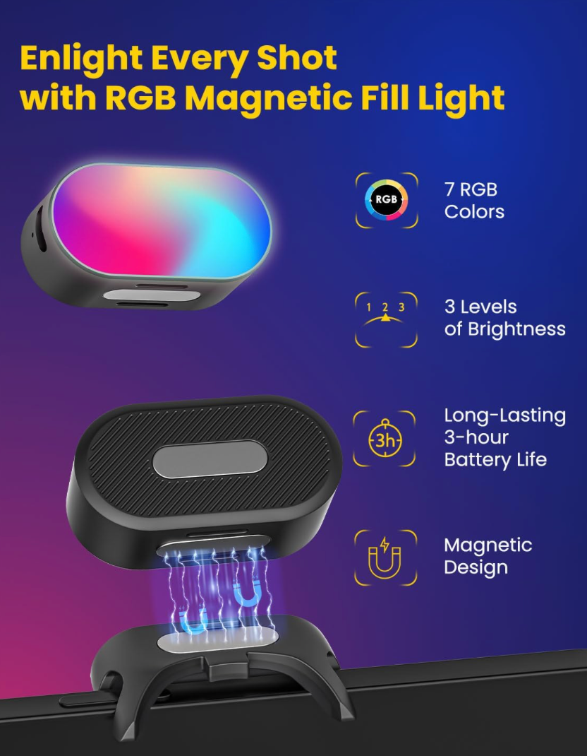 AOCHUAN Magnetic RGB LED Light, 7 Color Temperature, 3 Brightness Adjustment, 180 Mins Long-Lasting, Gradient Mode, Flash Mode 180 Fill Light, Suitable for AOCHUAN stabilizer AC L20