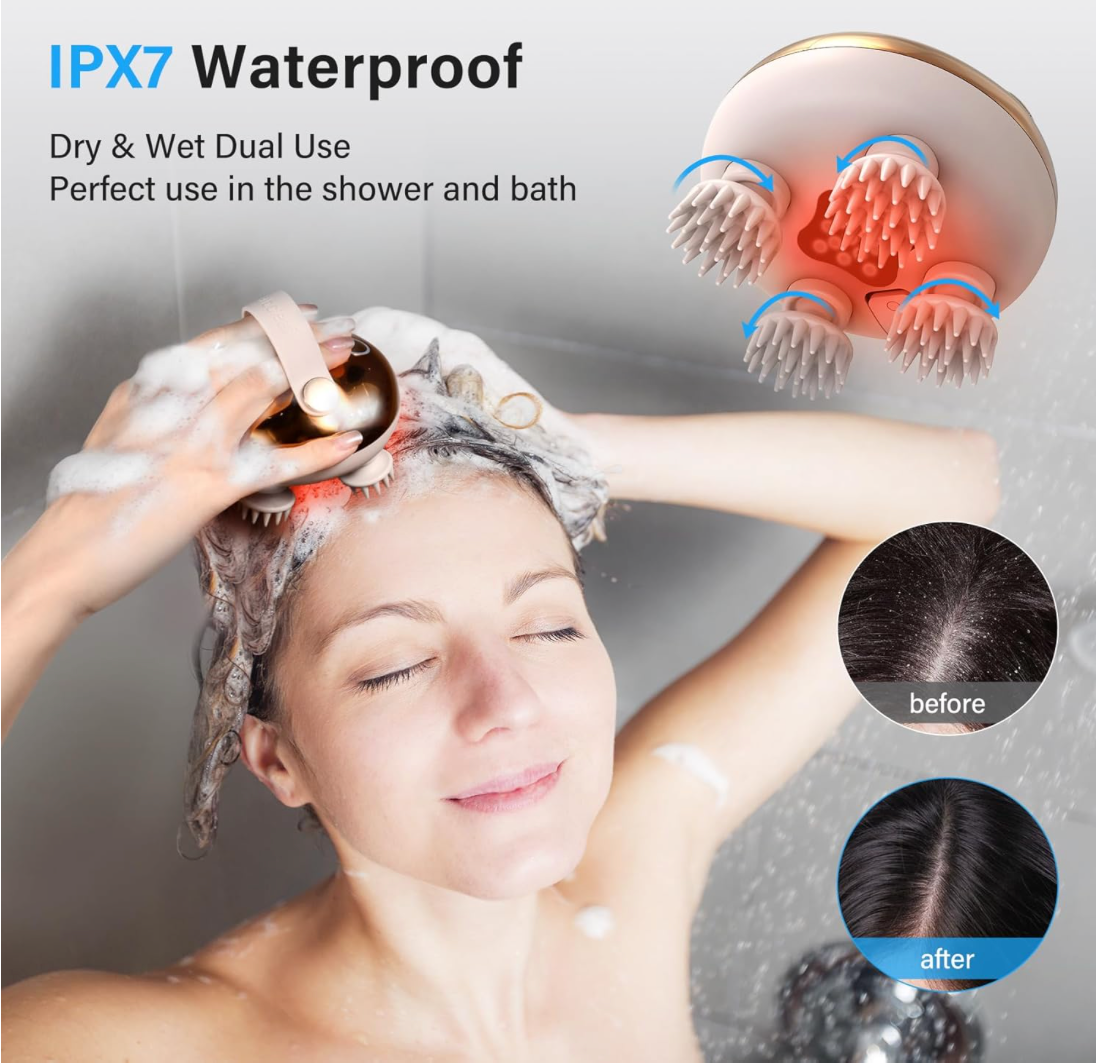 Elektrisches Kopfmassagegerät, Kabelloses Handmassagegerät, Kopfhaut-Massagegerät IPX7 wasserdicht mit 4 Massageköpfen und 3 Massagemodi, für Ganzkörpermassage,HundeköRper,Haarwachstum