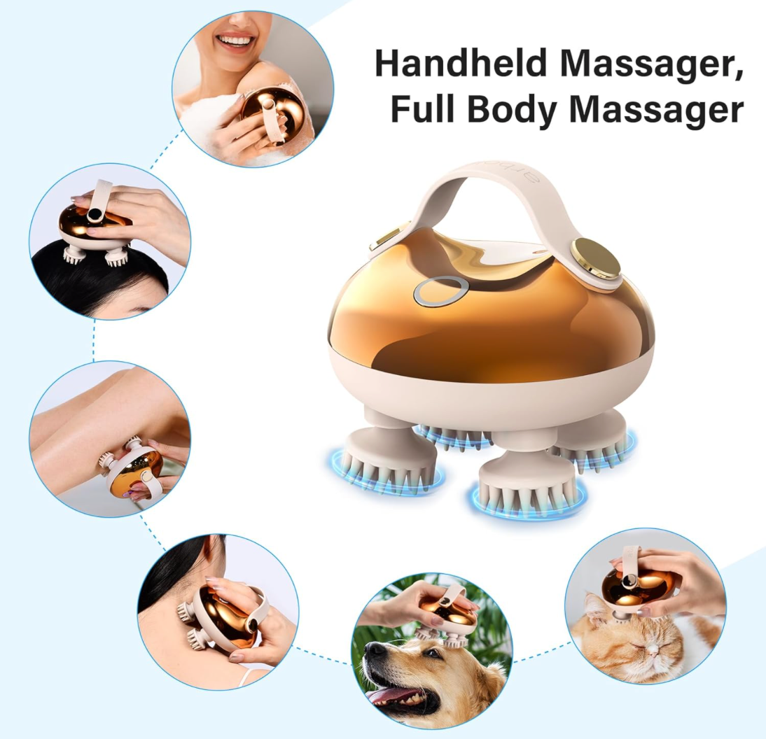 Elektrisches Kopfmassagegerät, Kabelloses Handmassagegerät, Kopfhaut-Massagegerät IPX7 wasserdicht mit 4 Massageköpfen und 3 Massagemodi, für Ganzkörpermassage,HundeköRper,Haarwachstum