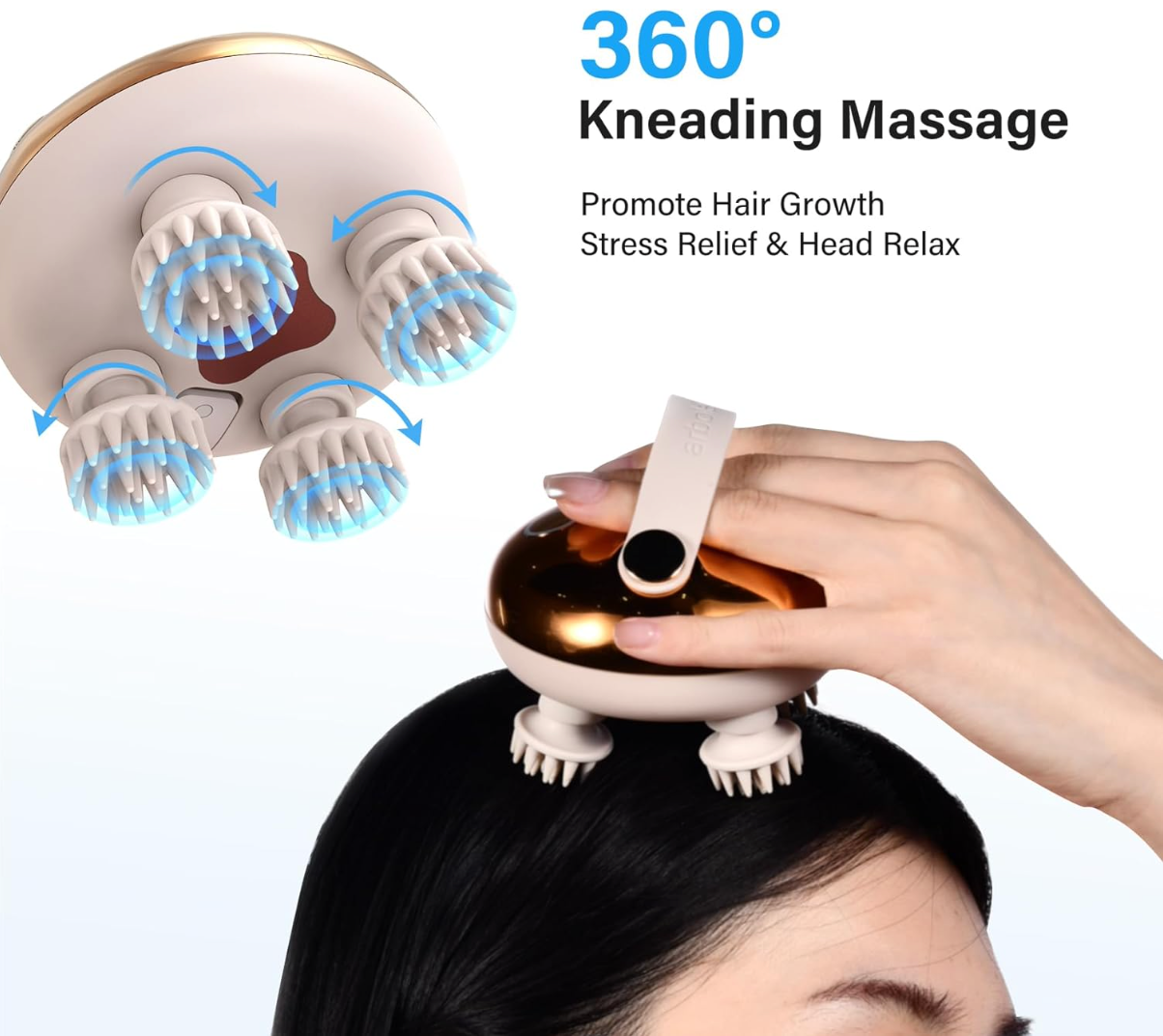 Elektrisches Kopfmassagegerät, Kabelloses Handmassagegerät, Kopfhaut-Massagegerät IPX7 wasserdicht mit 4 Massageköpfen und 3 Massagemodi, für Ganzkörpermassage,HundeköRper,Haarwachstum