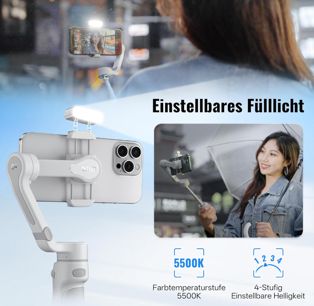 ZHIYUN Smooth Q4 Combo Smartphone Gimbal Stabilisator mit Eingebauter Selfie-Stick, 3 Achsen Handy Gimbal für iPhone, Kommt mit Fülllicht (mit Stativ)