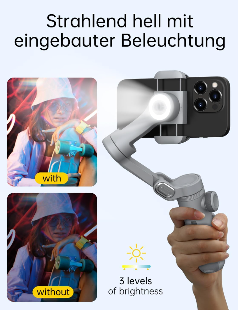 AOCHUAN Gimbal-Stabilisator für Smartphone, 3-Achsen-Gimbal, tragbarer Gimbal mit OLED-Display für iPhone/Andriod, Telefon-Gimbal mit Gesichts/Objektverfolgung für Tiktok Youtube Vlog-Smart X Pro Grau