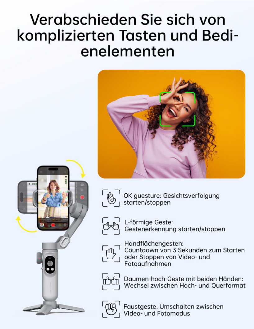 AOCHUAN Gimbal-Stabilisator für Smartphone, 3-Achsen-Gimbal, tragbarer Gimbal mit OLED-Display für iPhone/Andriod, Telefon-Gimbal mit Gesichts/Objektverfolgung für Tiktok Youtube Vlog-Smart X Pro Grau
