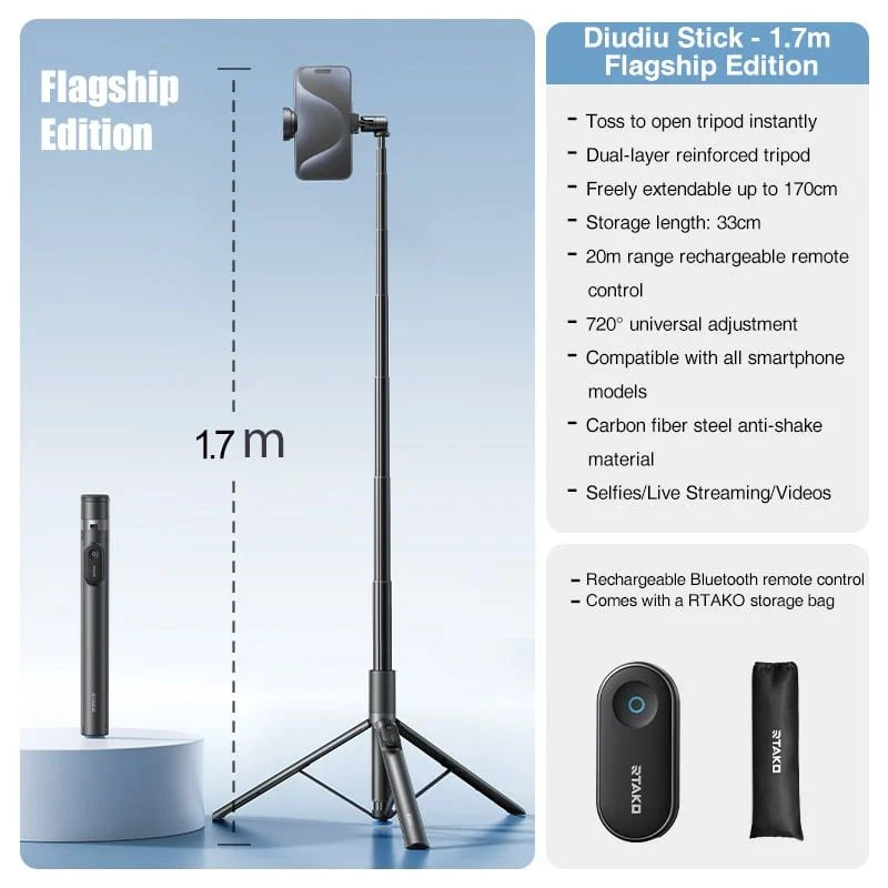 RTAKO RZP001 - AB226 170CM Selfie Stick Stativ, Ausziehbar All-in-1 Stativ Handy Einbeinstativ aus Aluminium mit Kabelloser Fernbedienung&10 Teleskopstange, Drehbar Handyhalter, Stative für iPhone/Android-Schwarz