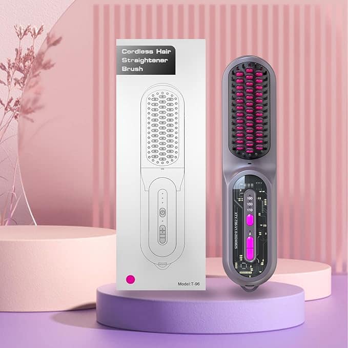 Elektrische, kabellose Glättbürste, tragbare Glättbürste für Frauen, Mini-Haarglätter für unterwegs, 9600 mAh wiederaufladbarer, schnell aufheizender Glättkamm, 20,3 x 5,1 x 4,6 cm, 0,4 kg, Grau