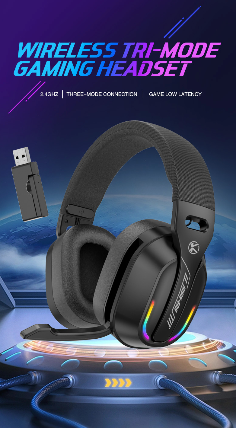 KOMC GT100-2.4G Headset Kopfhörer Gaming kabellos, Bluetooth / 2.4G / Kabelgebunden, schwarz mit LED farben