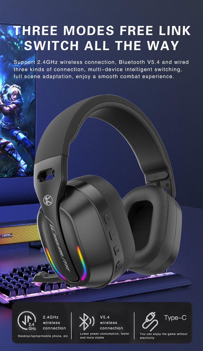 KOMC GT100-2.4G Headset Kopfhörer Gaming kabellos, Bluetooth / 2.4G / Kabelgebunden, schwarz mit LED farben