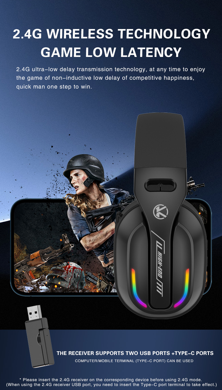 KOMC GT100-2.4G Headset Kopfhörer Gaming kabellos, Bluetooth / 2.4G / Kabelgebunden, schwarz mit LED farben