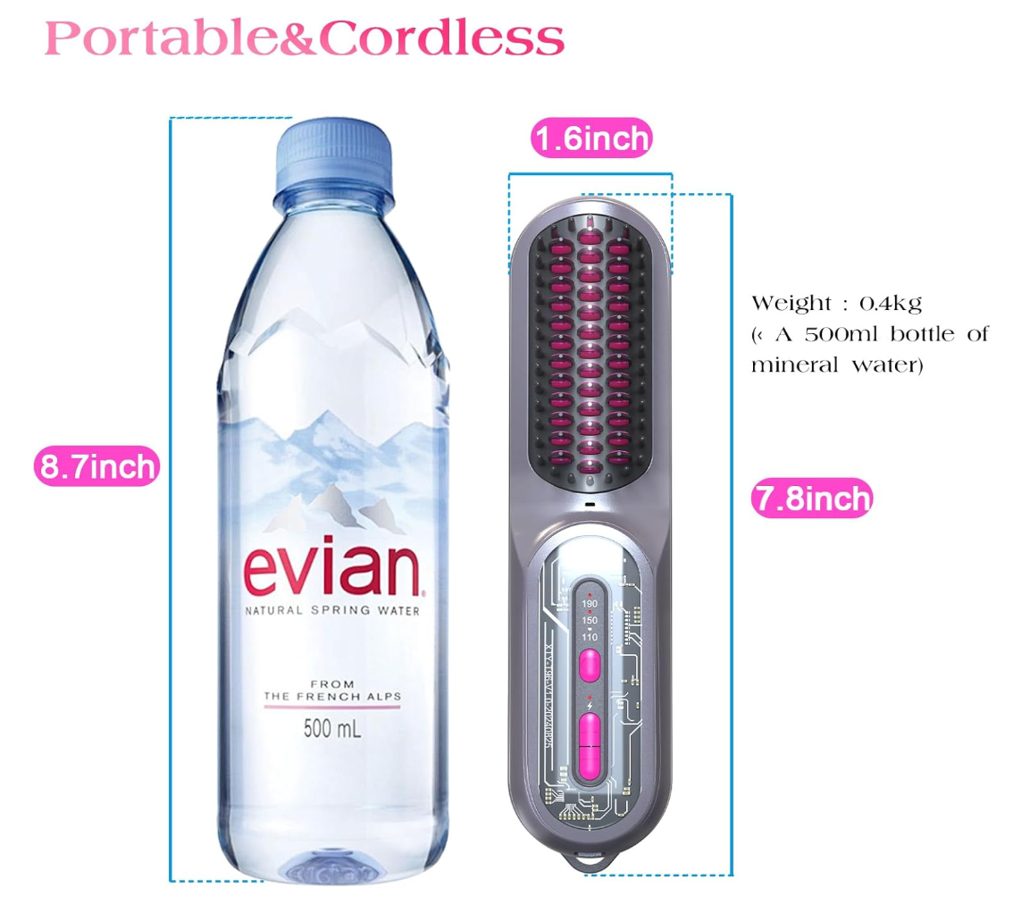 Elektrische, kabellose Glättbürste, tragbare Glättbürste für Frauen, Mini-Haarglätter für unterwegs, 9600 mAh wiederaufladbarer, schnell aufheizender Glättkamm, 20,3 x 5,1 x 4,6 cm, 0,4 kg, Grau
