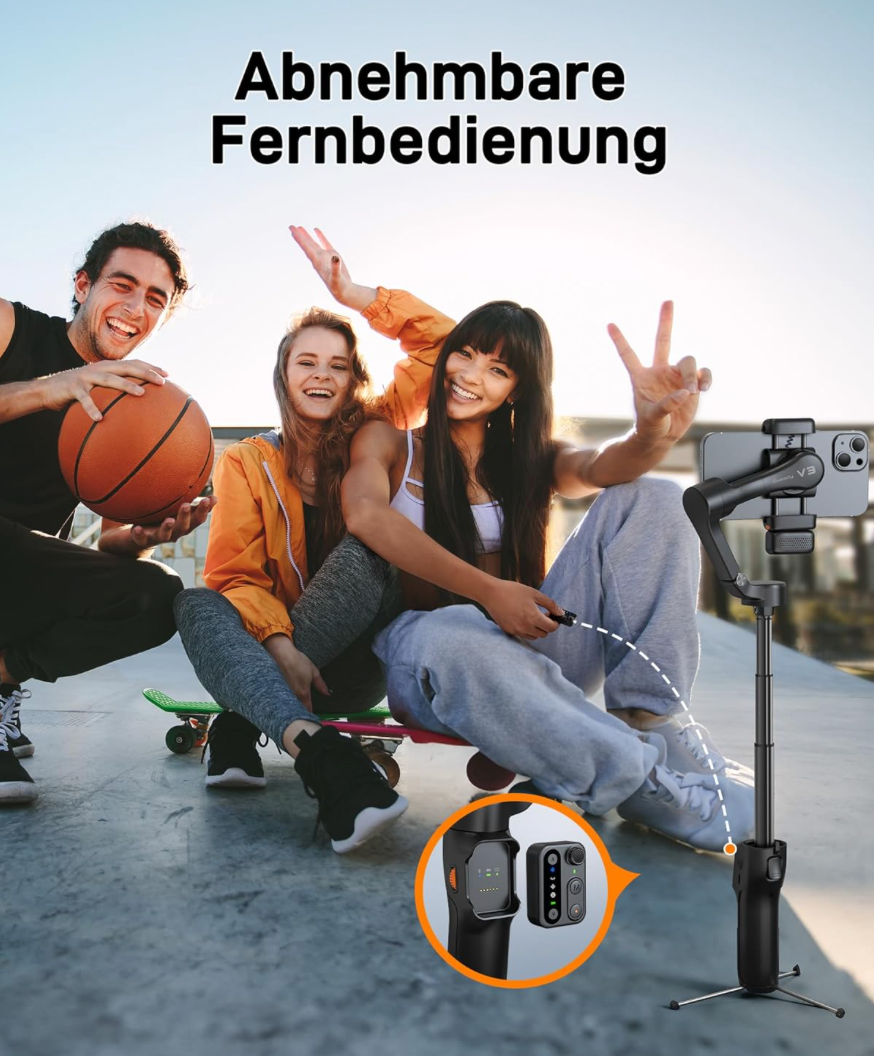 hohem iSteady V3 Gimbal Smartphone - Upgraded 3-Achsen Gimbal Stabilisator, Magnetischer AI-Tracker, Abnehmbarer Controller, Built-in Extended Pole & Tripod, Foldable Gimbal für Live Streaming, Vlog