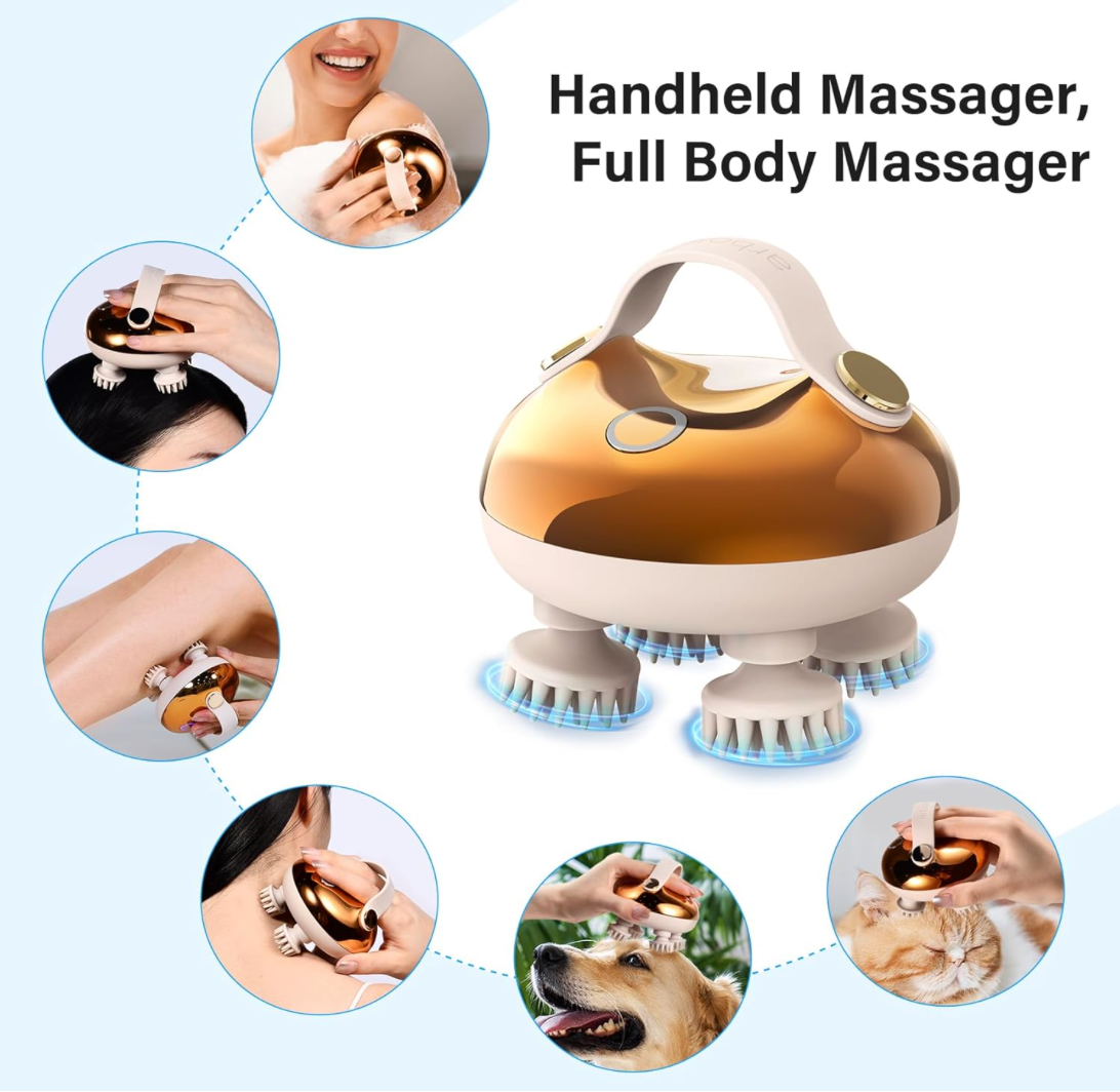 Elektrisches Kopfmassagegerät, Kabelloses Handmassagegerät, Kopfhaut-Massagegerät IPX7 wasserdicht mit 4 Massageköpfen und 3 Massagemodi, für Ganzkörpermassage,HundeköRper,Haarwachstum